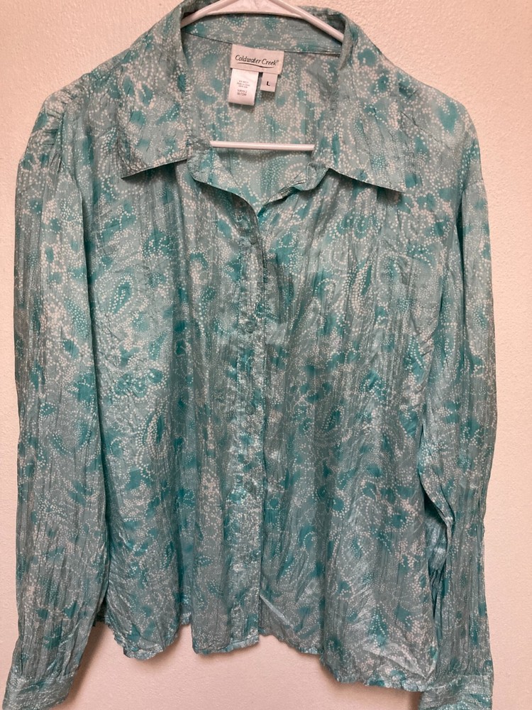 Coldwater Creek Womens L Blouse Shirt Silk Long Sleeves Button Up