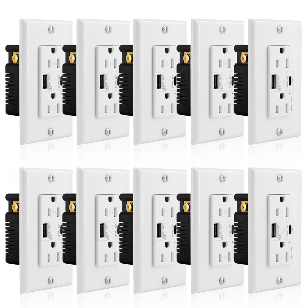 4.8A 2-Port USB Outlet Type-C/A Wall Charger TR Receptacle for iPad iWatch 10PCS