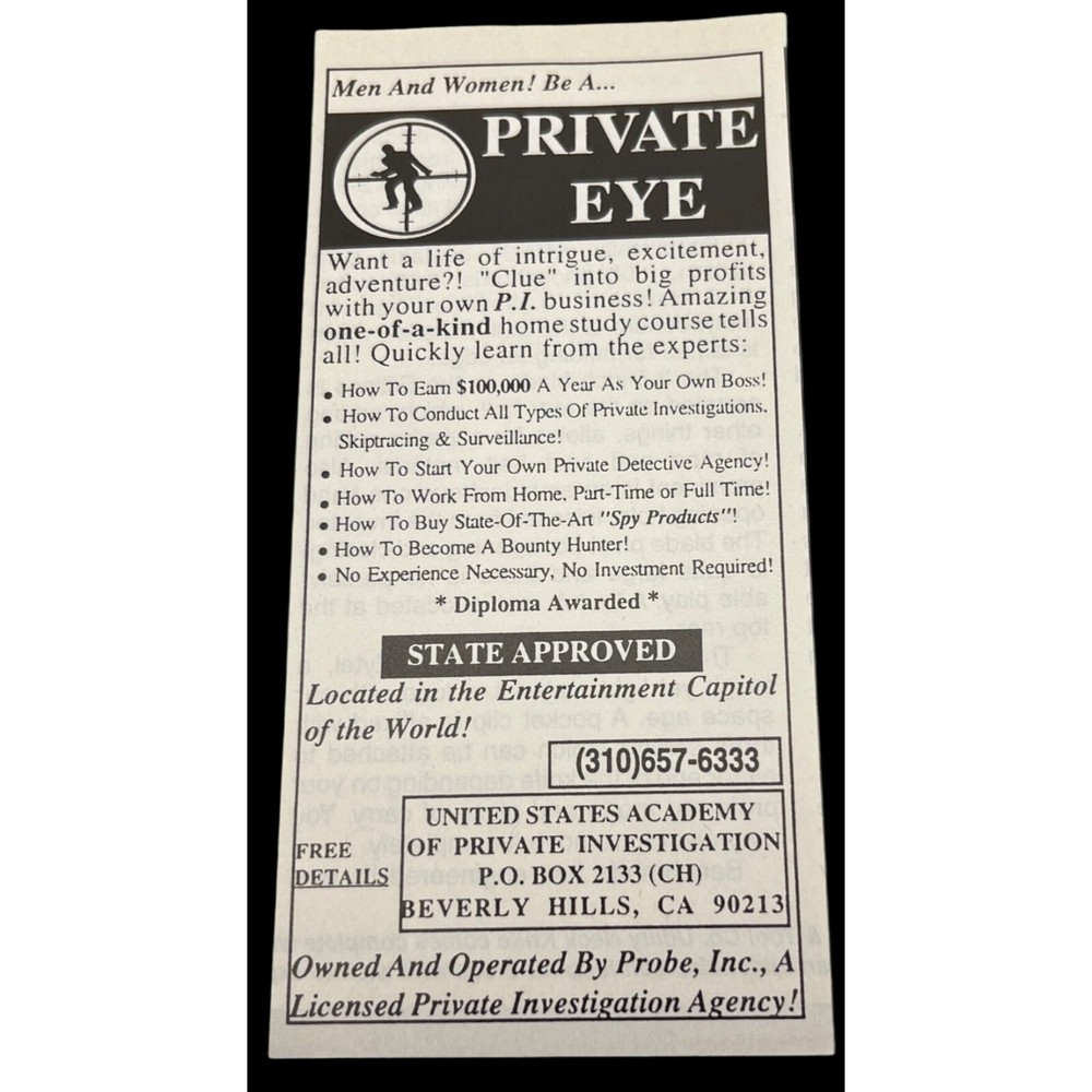 US Academy of Private Investigation Vintage Mini Print Ad 1998 Beverly Hills CA-image