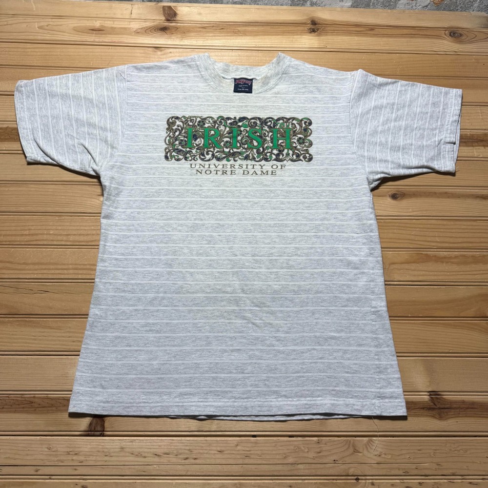 Vintage 90s University of Notre Dame Irish Graphic Striped T-Shirt USA - Large