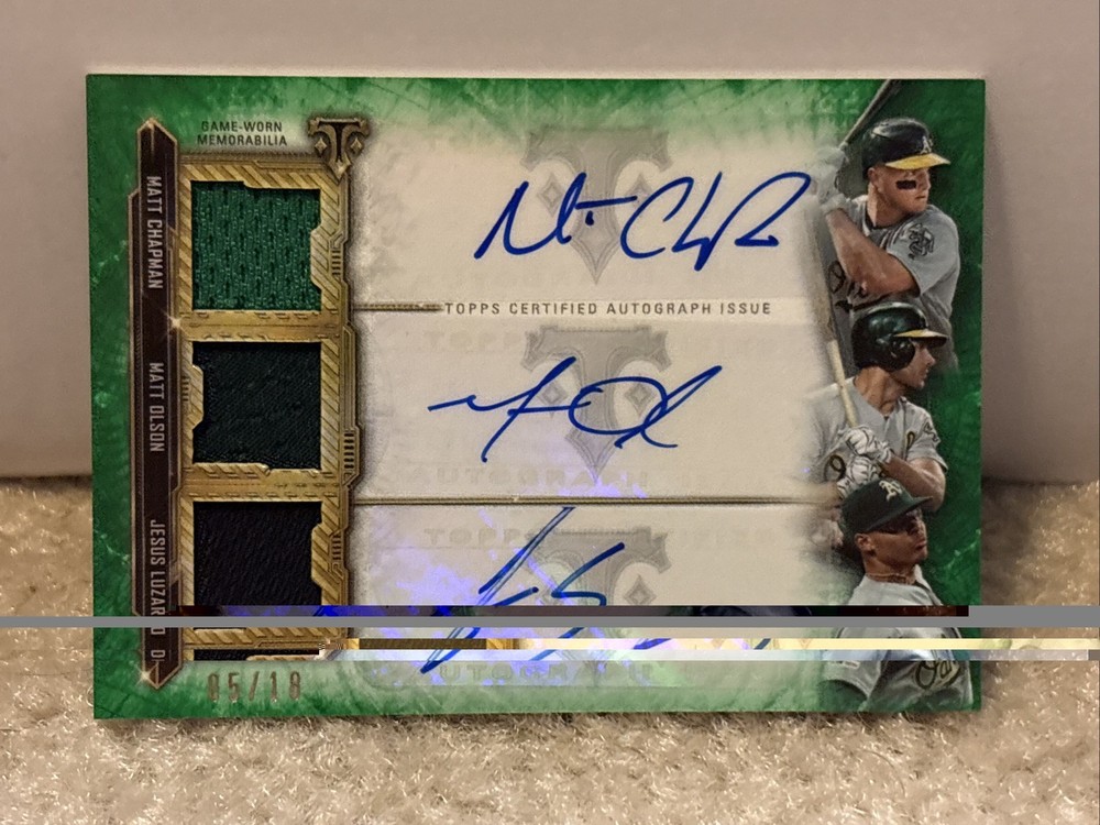 🔥MATCH TRIPLE RELIC AUTO /18🔥Olson Chapman Luzardo 2020 Topps Triple Threads