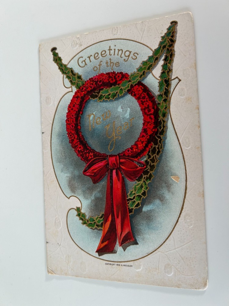 Greetings of the New Year Red Ribbon Wreath Vintage Postcard