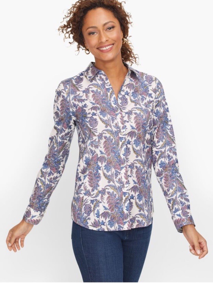 Talbots Non Iron Perfect Shirt Long Sleeve Button Up Blouse In Forest Paisley 12