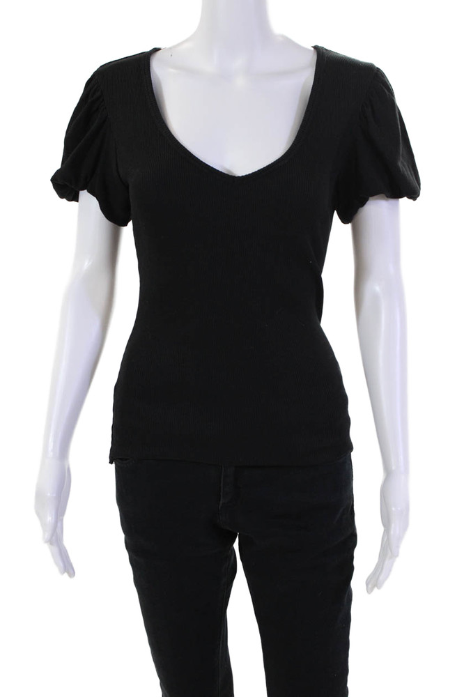 Nation LTD Womens Cotton Short Puff Sleeve V-Neck Blouse Top Black Size MFree Shipping in US $100+ Orders | $6.95 Orders Below