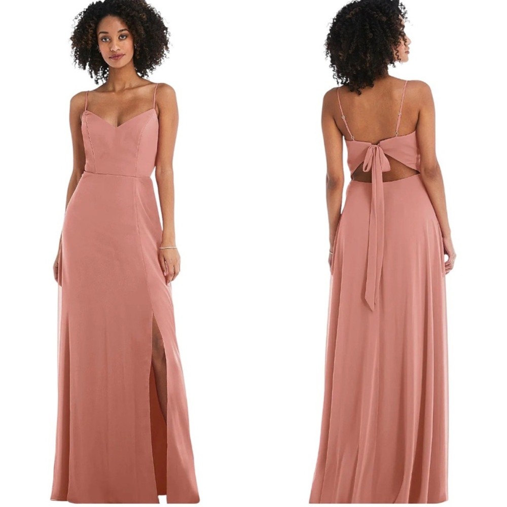 After Six Tie-Back Cutout Maxi Chiffon Dress Front Slit in Desert Rose Sz 2