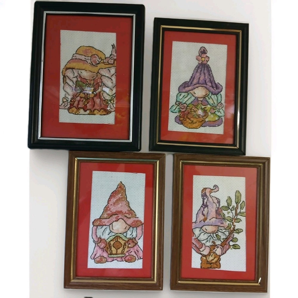 4pc Vintage Handmade Gnome Needlepoint Art in Whimsical Cottage Frames