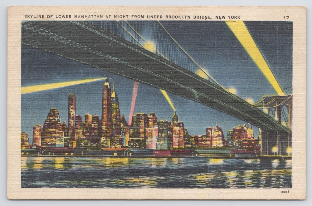 Linen~Lower Manhattan Skyline Under Brooklyn Bridge @ Night NYC~Vintage Postcard