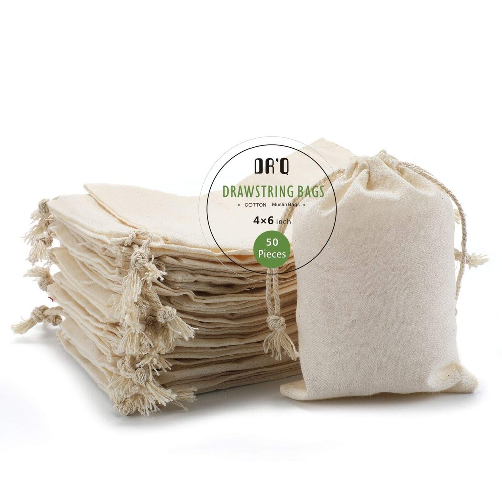 50-Piece 4x6 Inch Organic Cotton Muslin Drawstring Bags - Eco-Friendly Fabric Sachets for Gifts & Storage