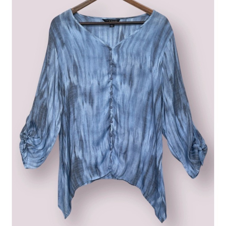 Zac & Rachel Womens XL Blue Tie Dye Button Front Sharkbite Hem Blouse Top