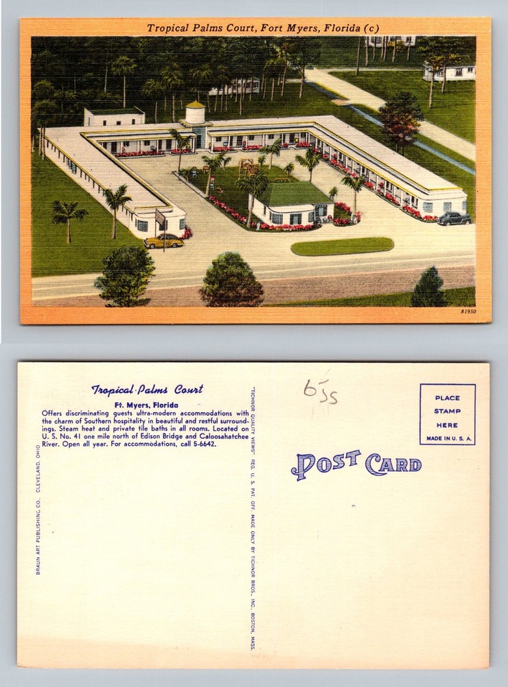Fort Myers, FL-Florida, Aerial Tropical Palms Court Motel Vintage Postcard
