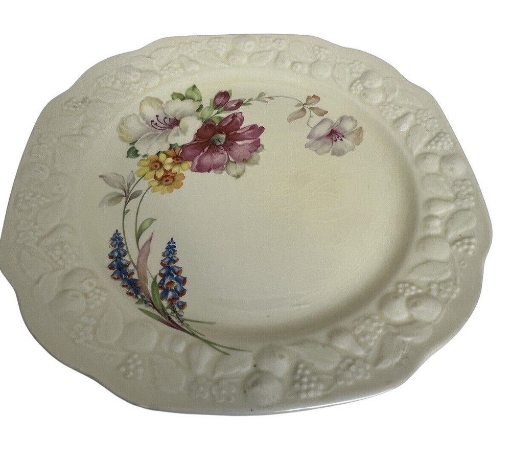 Crooksville Pink Floral China Co Plate Fruit Embossed Cream Color 9.75 in Dinner