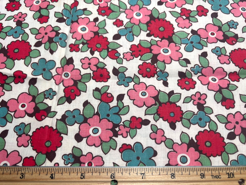 Antique Vintage Cotton Fabric 1940s Pink Red Turquoise Floral 35w 1/4yd