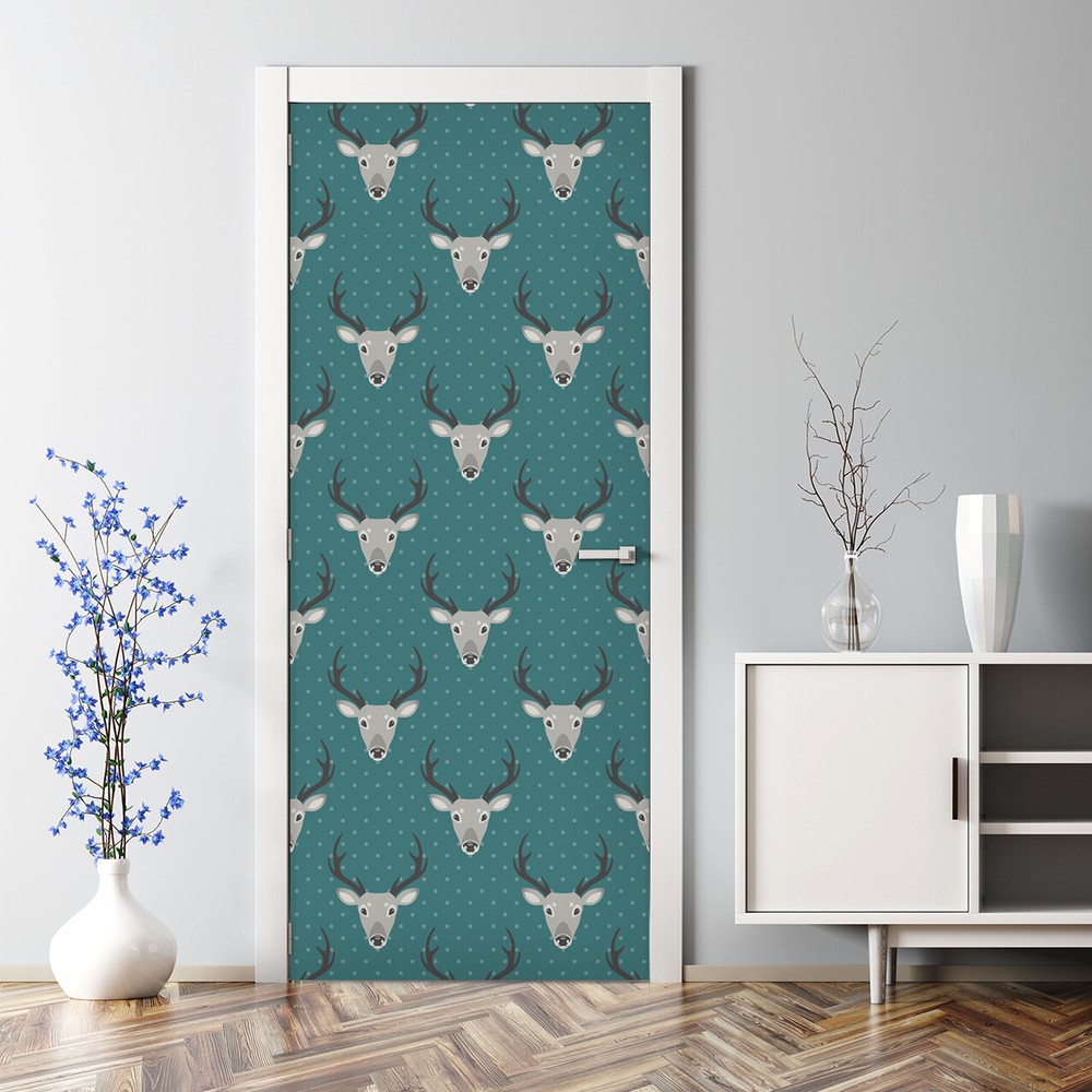 Bubble Free Door sticker  grey deer pattern Dark turquoise with dots Kids room