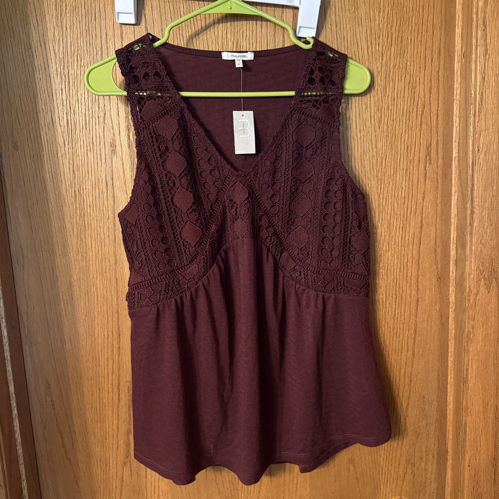 Maurices NWT Womens Size L Burgundy Sleeveless Top w/Crochet
