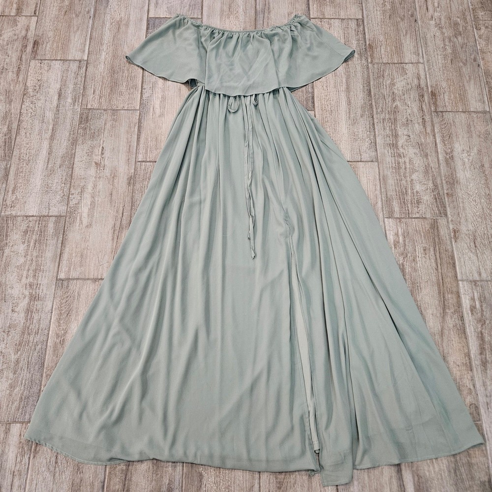Soleblu Off Shoulder Maxi Dress Womens Size M Sage Green Ruffle Tiered Slit