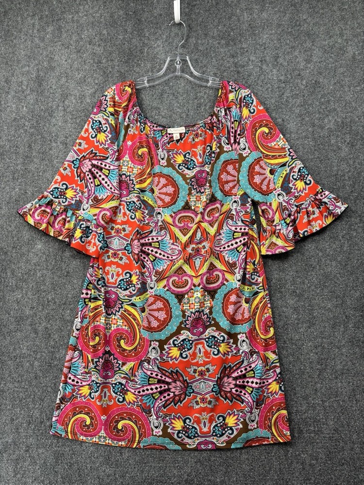 DB Colorful Knee Length Shift Dress Paisley & Floral Bell Sleeves Women’s Medium