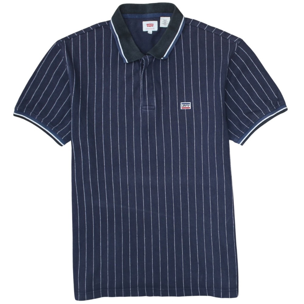 Levis Womens Polo Shirt Navy Blue Striped Embroidered Logo Knit Collar L