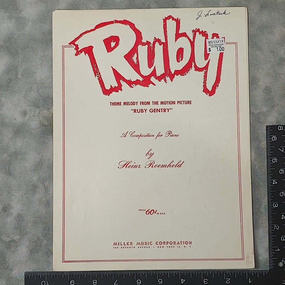1953 Ruby Gentry Theme RUBY Sheet Music Piano Heinz Roemheld Miller Music NY USA