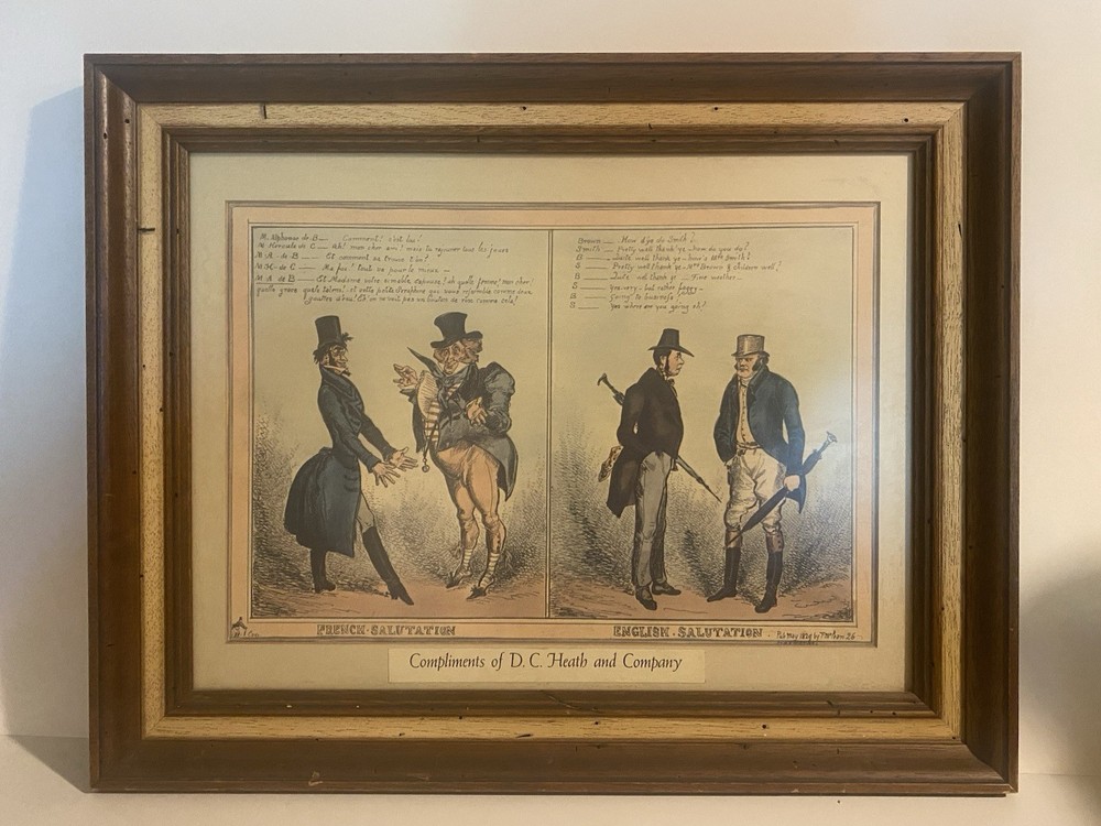 ANTIQUE Satirical Print French English Salutation Pub. May 1829 FRAMED 15”x19”