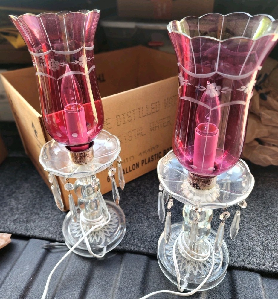 Vintage Cranberry Glass Hurricane Lamps,