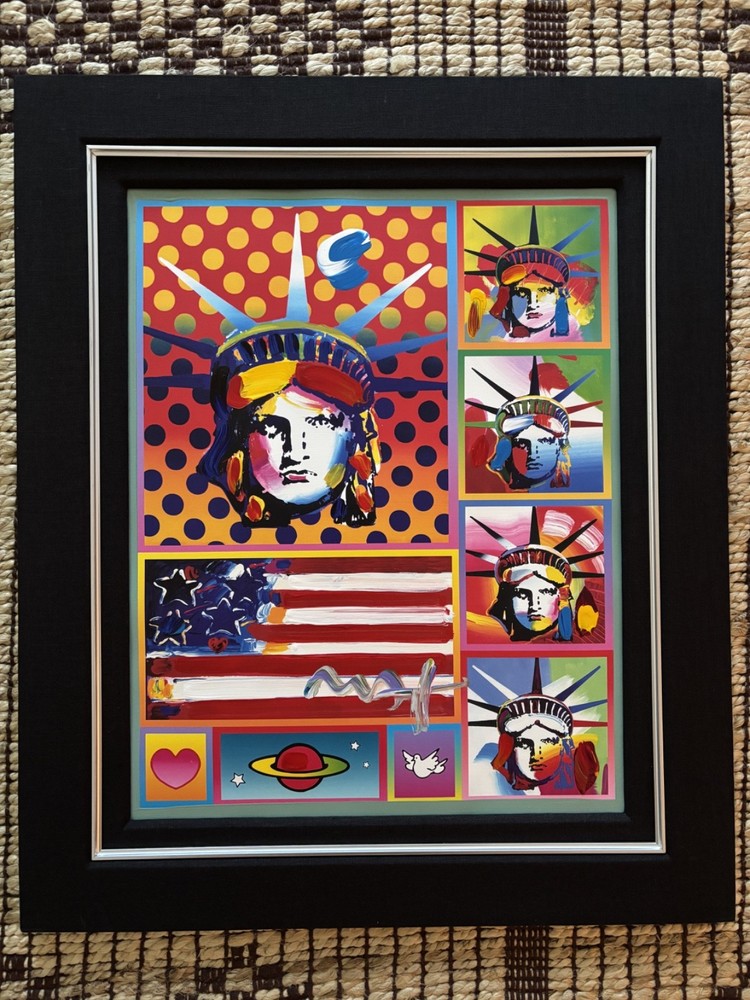 SIGNED Peter Max Five Liberties and Flag, Mixed Media w/Acrylic Paint
