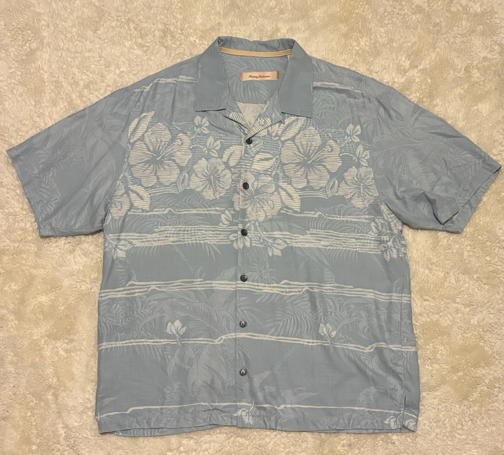 Tommy Bahama 100% Silk Shirt Men’s XL Hawaiian Camp Blue Button Up Floral Beach