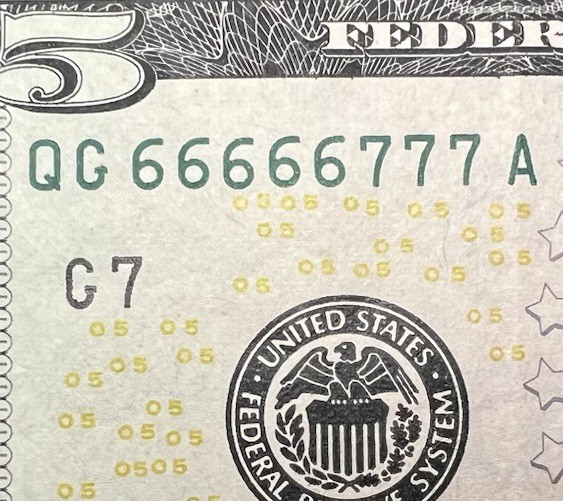 ((Binary - 5 In A Row)) $5 2021 ((Au)) ((66666777)) Fancy Serial # Currency