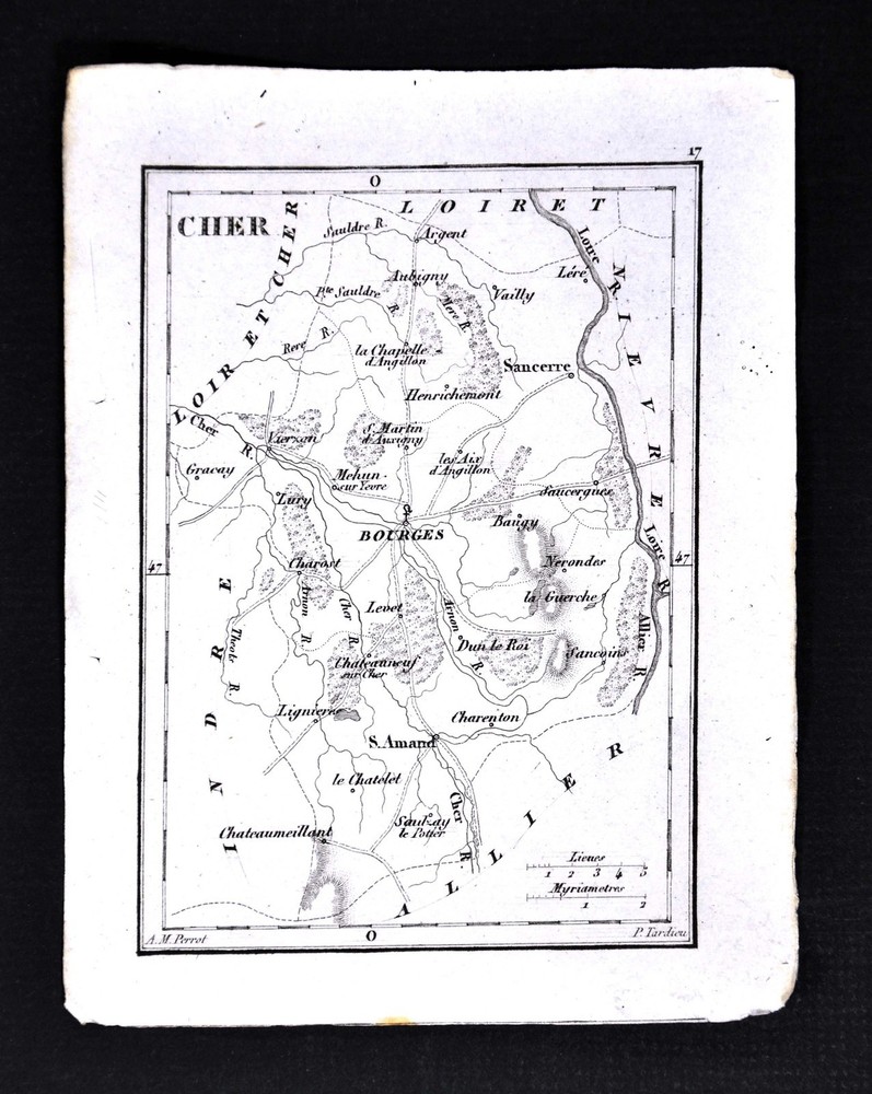 1833 Perrot Tardieu Miniature Map - Cher - Bourges St. Amand Sancerre - France