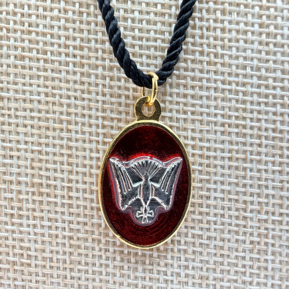 Vintage 70s Spirit Dove Confirmation Pendant Medal Red Enamel Gold Tone Jewelry