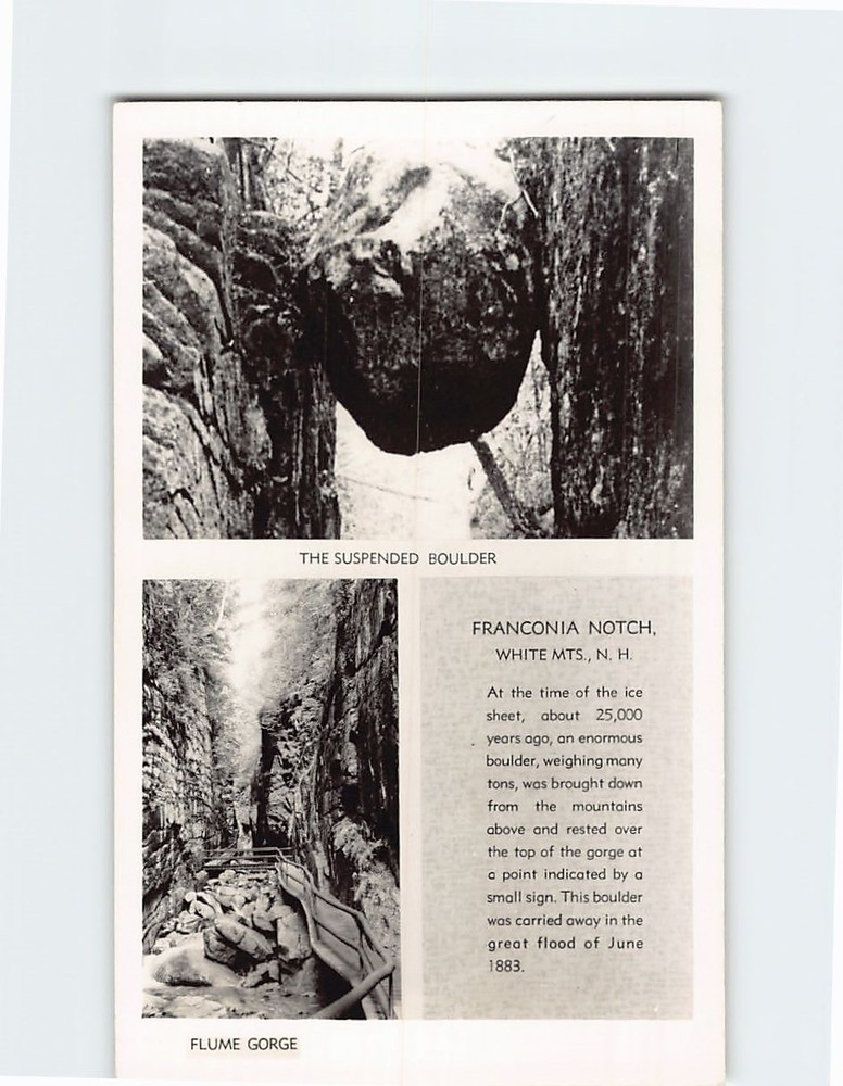 Postcard Suspended Boulder & Flume Gorge Franconia Notch NH USA