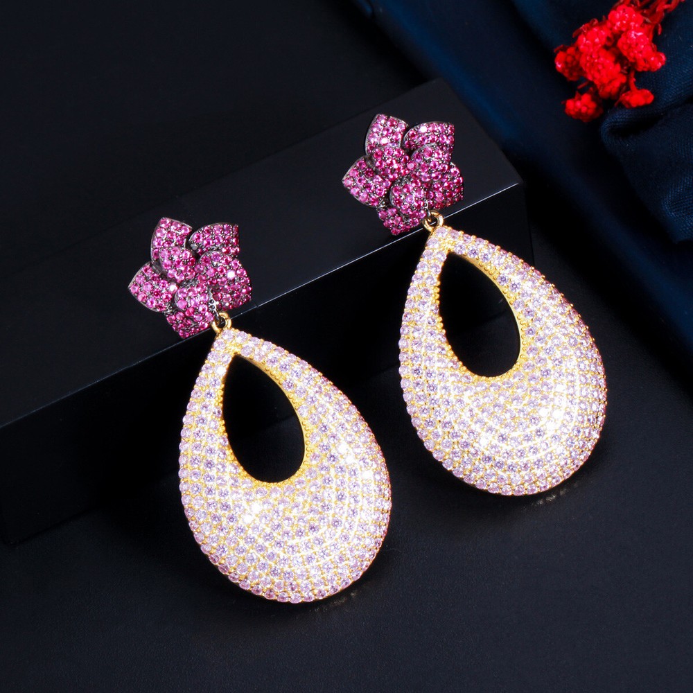 Rose Red Cubic Zirconia Flower Drop Dangle 925 Silver Earrings