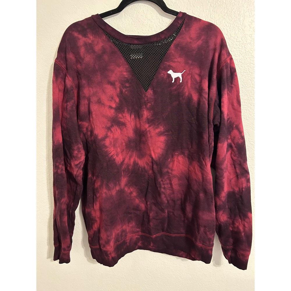 Pink Victoria's Secret Tie Dye Sweatshirt Burgundy Black Mesh V-Neck Dog Logo M