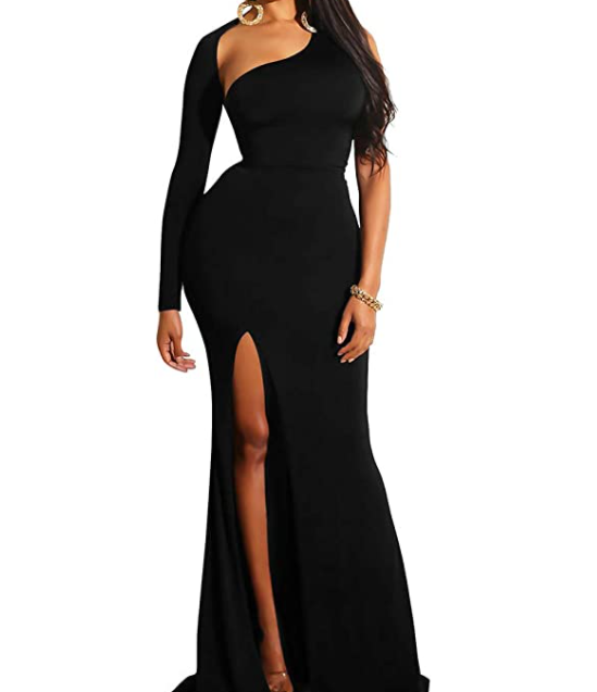 BEAGIMEG Womens Elegant One Shoulder Backless Evening Long Dress Black Large