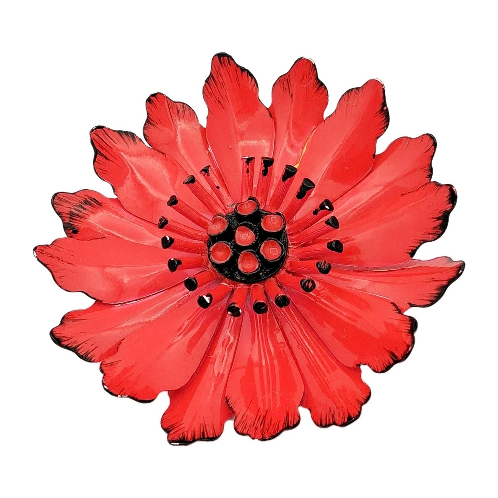 Vtg 1960s Red Enamel Flower Brooch Pin Black Accents Dimensional Center 2.5