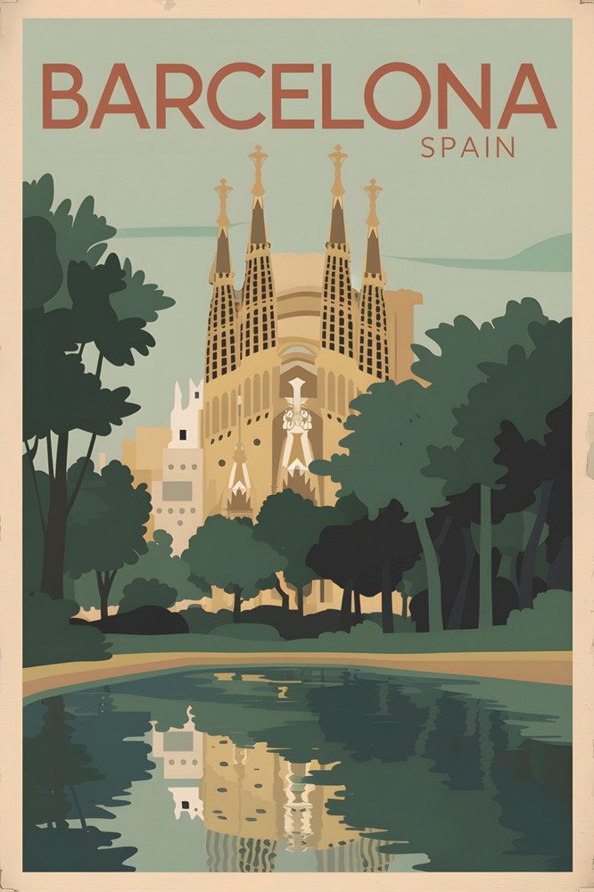 Barcelona Spain Retro Travel Poster Print Wall Art
