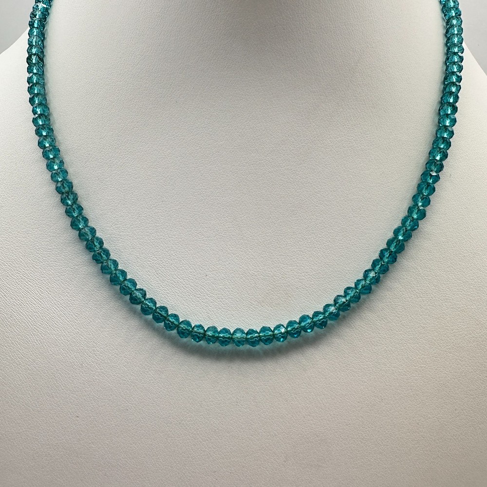 Vintage 90s Teal Blue Glass Bead Necklace Gold Tone Barrel Clasp Fashion Jewelry