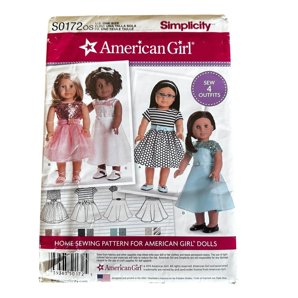Simplicity S1072 Os American Girl Doll Clothes Sewing Pattern 2015 Uncut