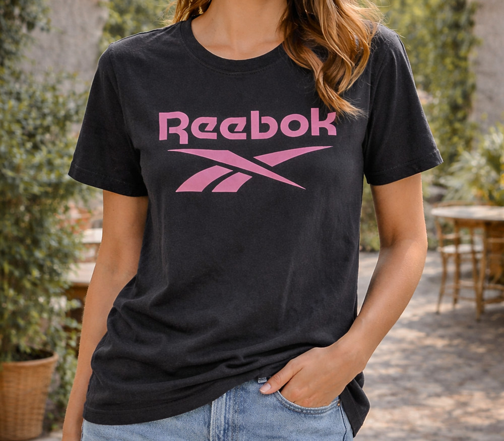 Reebok Graphic Logo T-Shirt Black Pink Logo Short Sleeve Tee Women Size L