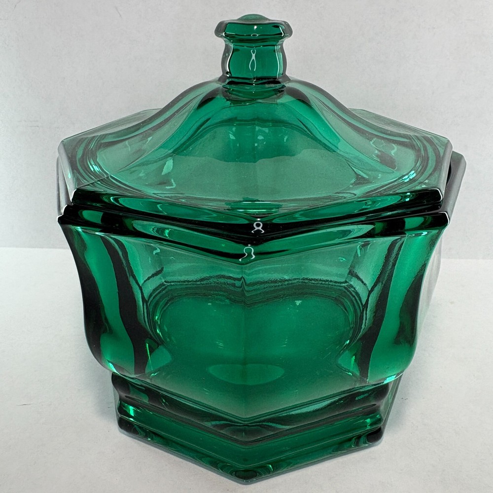 Vintage - Indiana Glass Company  Emerald Green, Teal - Octagon Candy Dish W/ Lid