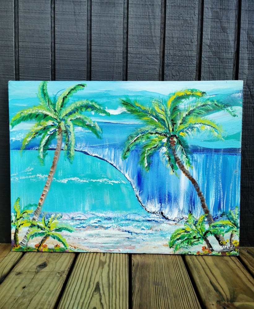 Original Acrylic Canvas Painting by Olivarez Artist Signed  18x24 Tropical Beach