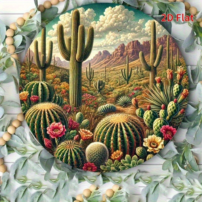Desert Cactus Landscape Saguaro Cacti Round Aluminum Metal Wall Decor