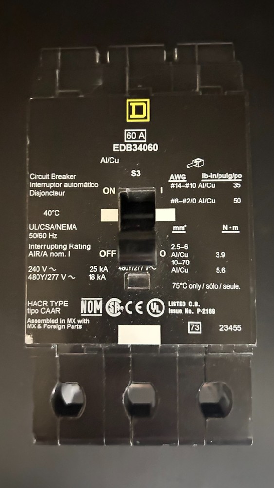 Square D Edb34060 Breaker 60Amp 3Pole 480Y/277Volt Ac