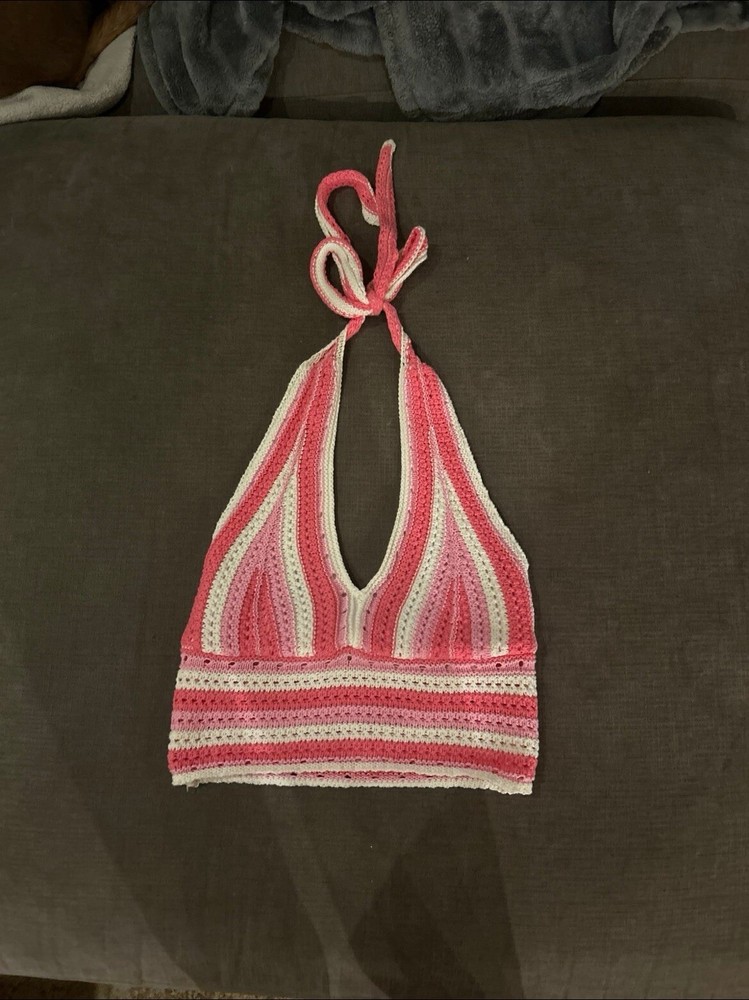 NEW Women’s Hollister Pink Striped Crochet Crop Halter Top Size S NBW