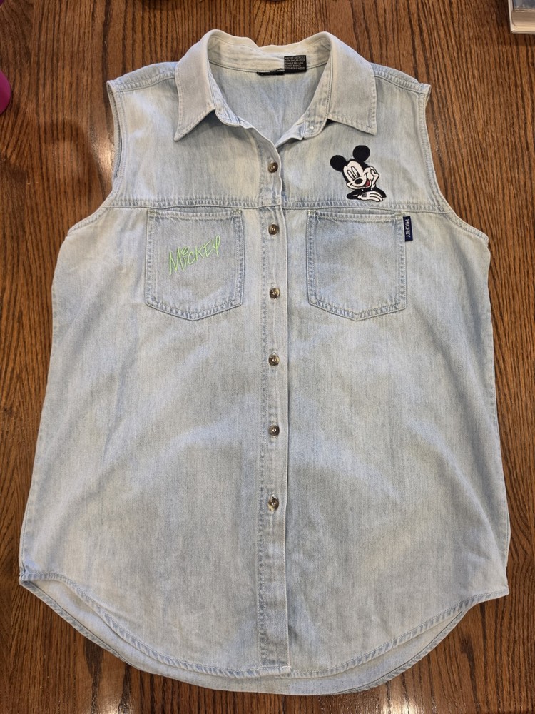 Vintage Mickey Mouse Denim Button Front Shirt Vest Sleeveless Disney Size M