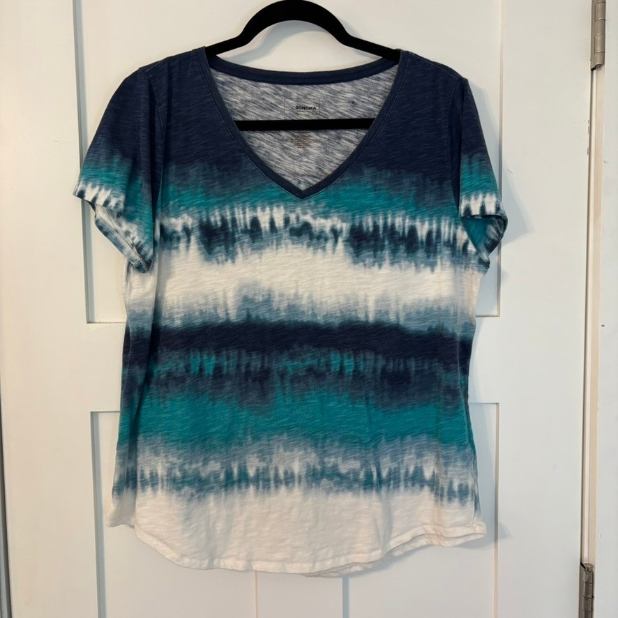 Goods For Life Everyday Tee Blue Teal Tie Dye V-Neck T-Shirt Womens L Coastal