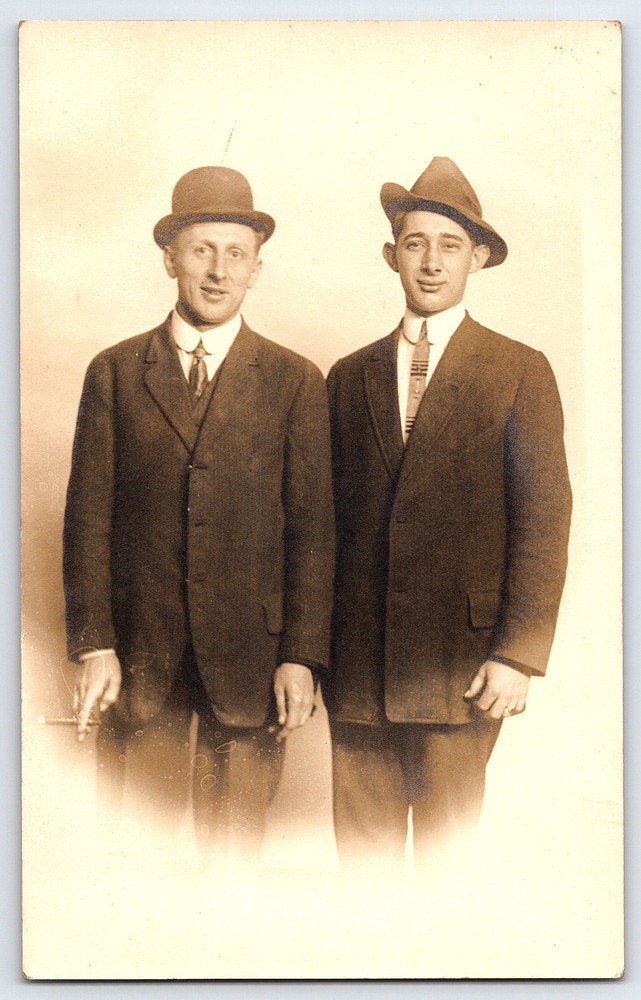 Portrait Picture Of Two Men In Suits And Hats Vintage Real Photo Postcard RPPC