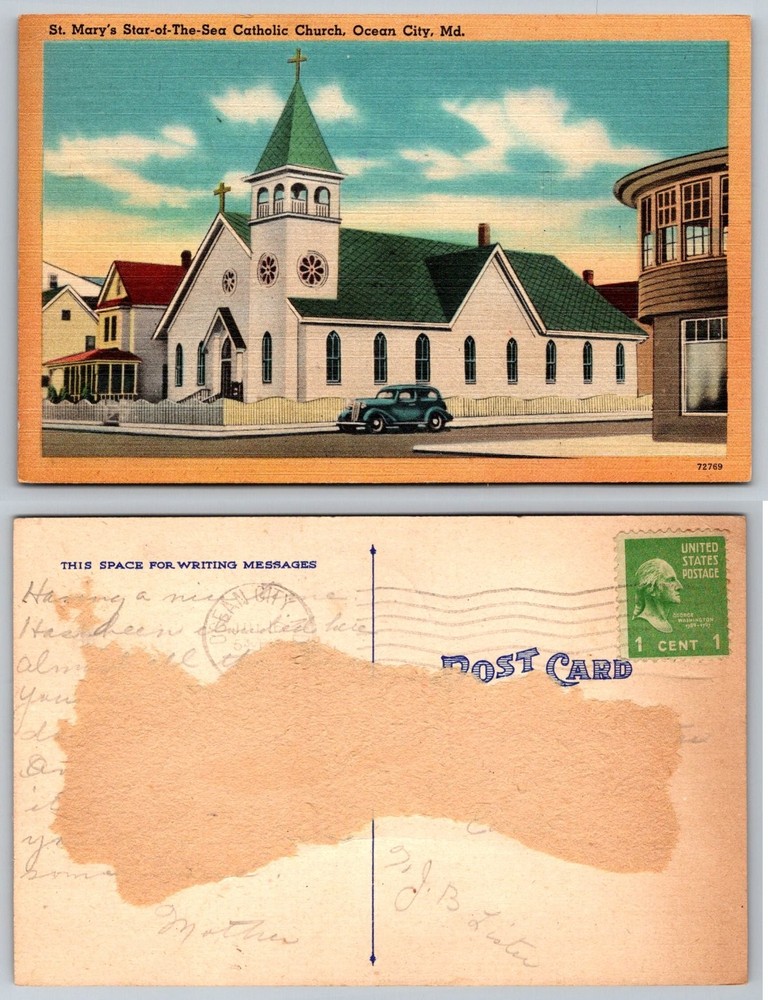 St. Mary's Star-of-the-Sea Catholic Church Ocean City MD Linen Postcard 1940s