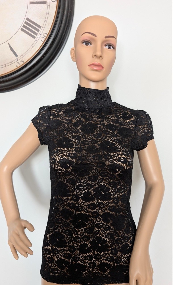 Women's Black Lace Sheer Floral Mock Neck Slim Fit Short Sleeve Top