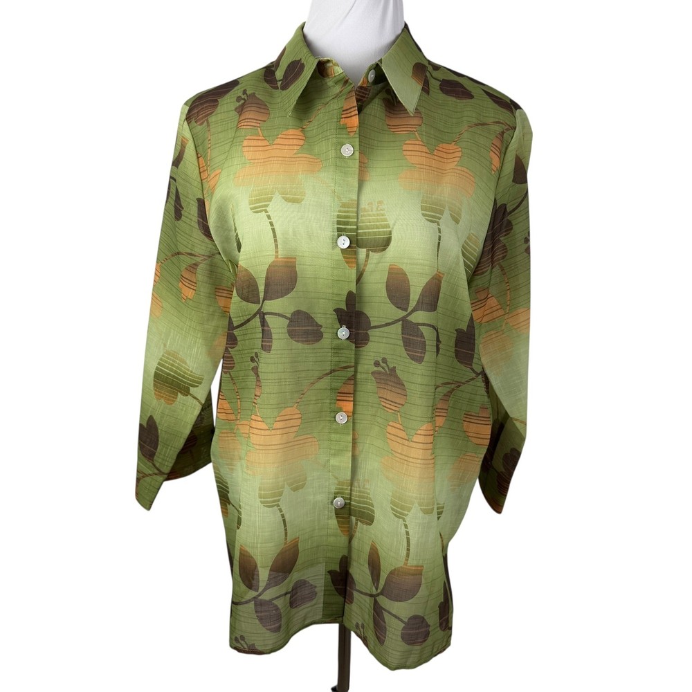 Alfred Dunner Green Floral Button Down Blouse 3/4 Sleeve Women's 16