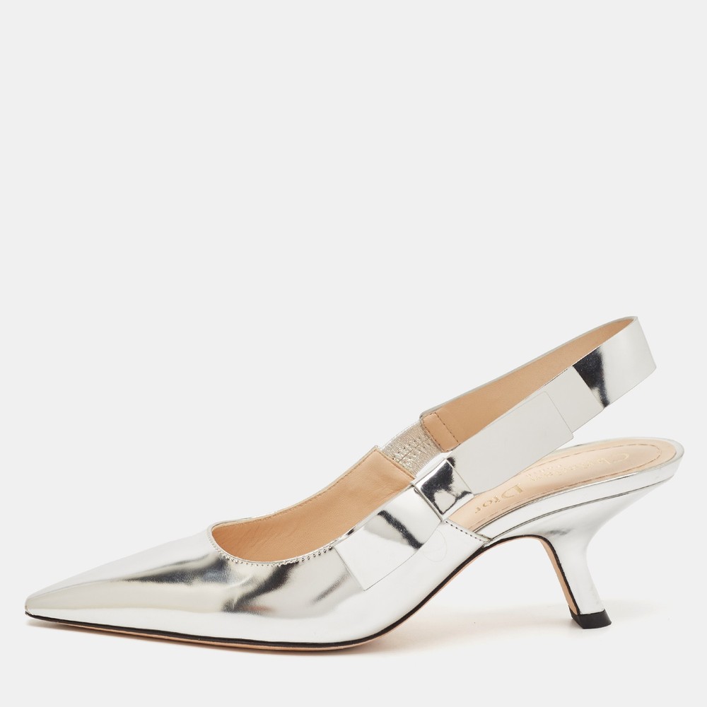 Dior Silver Leather Sweet-D Slingback Pumps EU 36.5